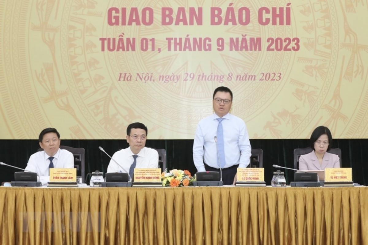 Ông Lê Quốc Minh, Ủy viên Trung ương Đảng, Phó trưởng Ban Tuyên giáo Trung ương, Chủ tịch Hội Nhà báo Việt Nam, Tổng Biên tập báo Nhân Dân phát biểu.