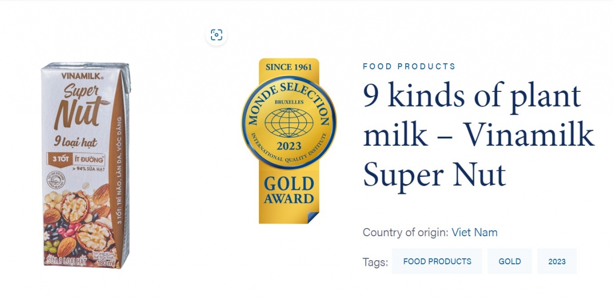 Sữa 9 Loại hạt Vinamilk Super Nut được vinh danh Giải Vàng theo Monde Selection