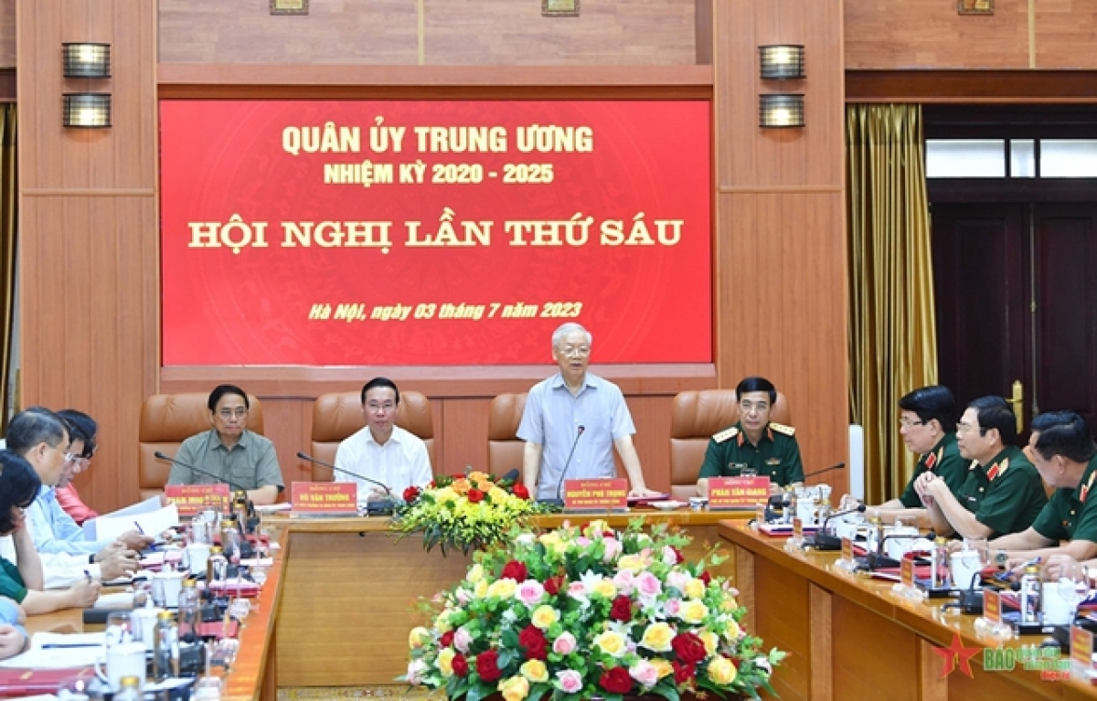 Tổng Bí thư Nguyễn Phú Trọng chủ trì Hội nghị Quân ủy Trung ương lần thứ 6 ngày 3/7/2023 .