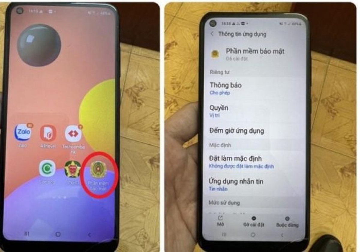 Ứng dụng giả mạo logo Bộ Công an có khả năng đánh cắp tin nhắn chứa mã OTP của ngân hàng trong điện thoại nạn nhân (Ảnh: Công an tỉnh Quảng Ninh)