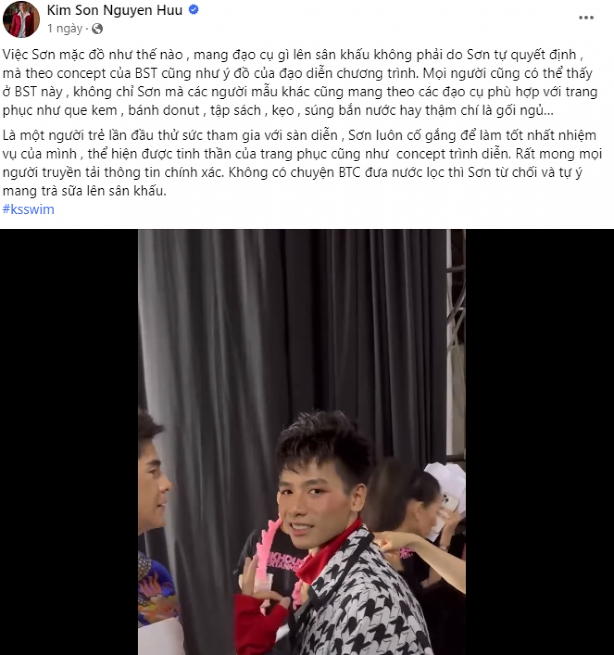 VĐV Kim Sơn nói rõ lý do mang trà sữa lên sàn catwalk.