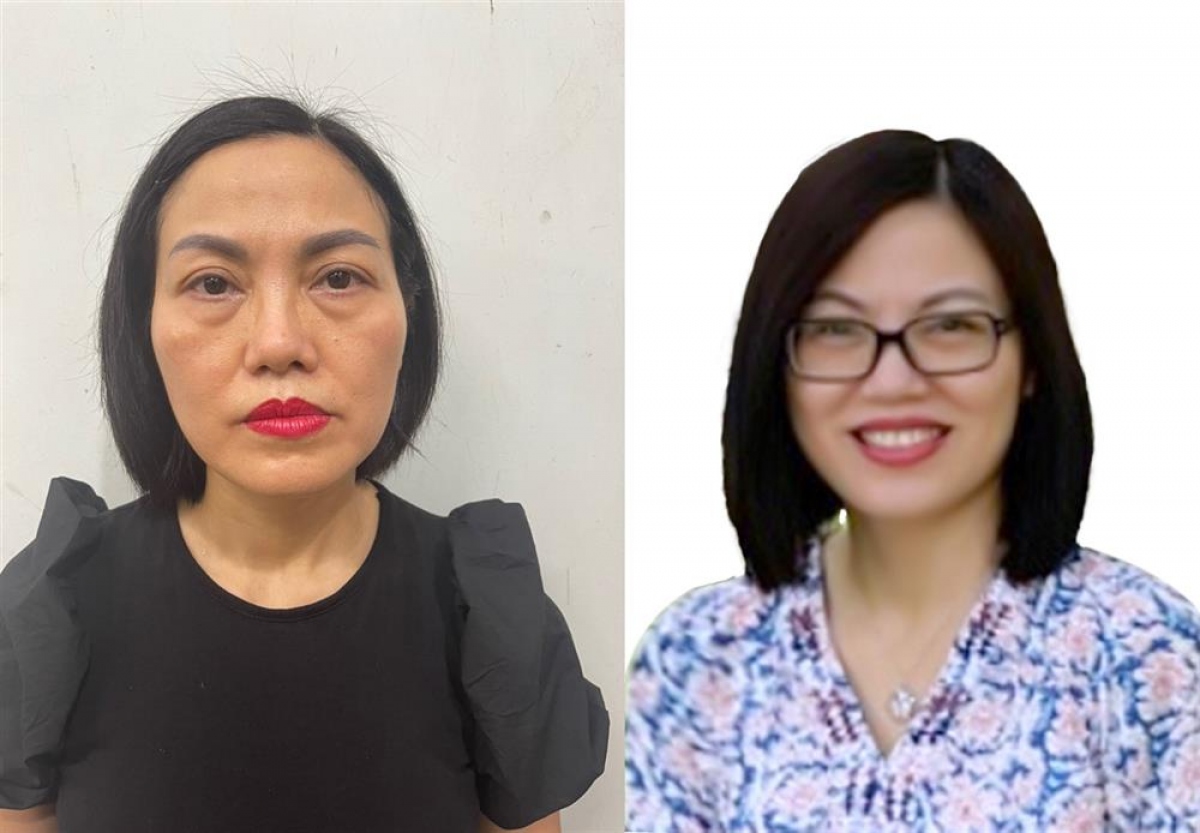 Đối tượng Nguyễn Thị Thu Phương khi đầu thú tại Cơ quan Cảnh sát điều tra Bộ Công an (áo đen) và tại thời điểm bị khởi tố