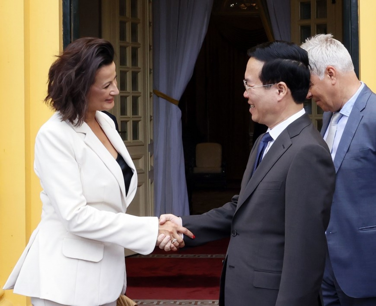 Chủ tịch nước Võ Văn Thưởng tiếp Chủ tịch Thượng viện Vương quốc Bỉ. Ảnh: TTXVN