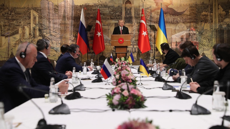 Tổng thống Thổ Nhĩ Kỳ trong một cuộc đàm phán giữa Nga và Ukraine ở Istanbul vào tháng 3/2022. Ảnh: AFP