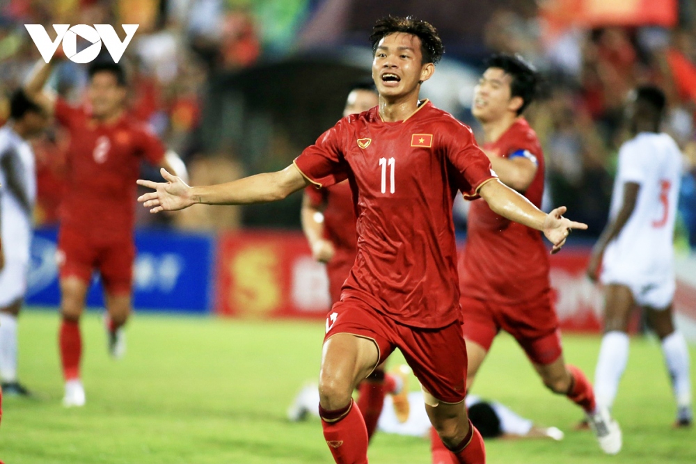 Vy Hao celebrate his only goal, helping Vietnam earn berth to Qatar for the 2024 AFC U23 Asian Cup finals