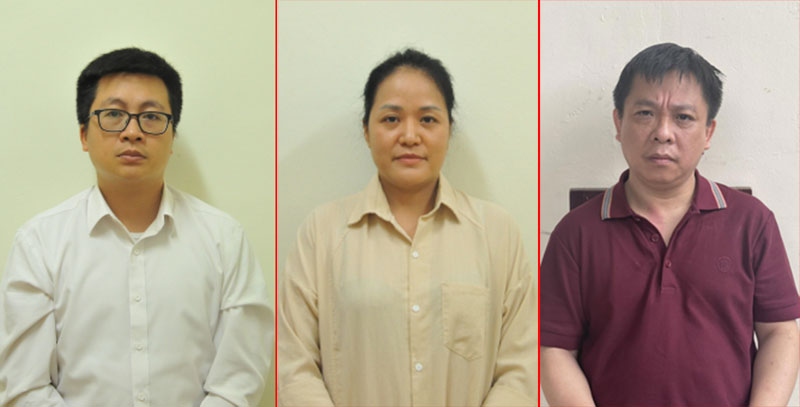 Các bị can Trần Vinh Quang, Phan Thị Thu Thuỷ và Nguyễn Ngọc Phương. Ảnh: Báo Công an nhân dân