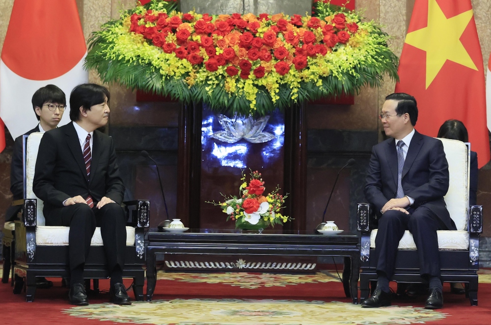 Hoàng Thái tử bày tỏ vui mừng được thăm lại Việt Nam đúng vào dịp có ý nghĩa quan trọng trong quan hệ hai nước; cảm ơn sự đón tiếp trọng thị, nồng ấm của Chủ tịch nước Võ Văn Thưởng và Phu nhân cùng các Lãnh đạo Nhà nước và nhân dân Việt Nam.