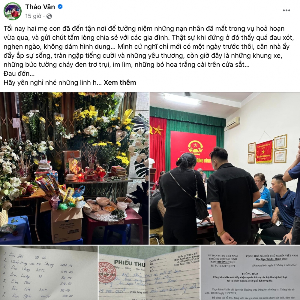 MC Thảo Vân và con trai đến hiện trường vụ cháy tưởng niệm các nạn nhân, sau đó trao 15 triệu đồng quyên góp từ người quen gửi Uỷ ban MTTQ phường Khương Đình.