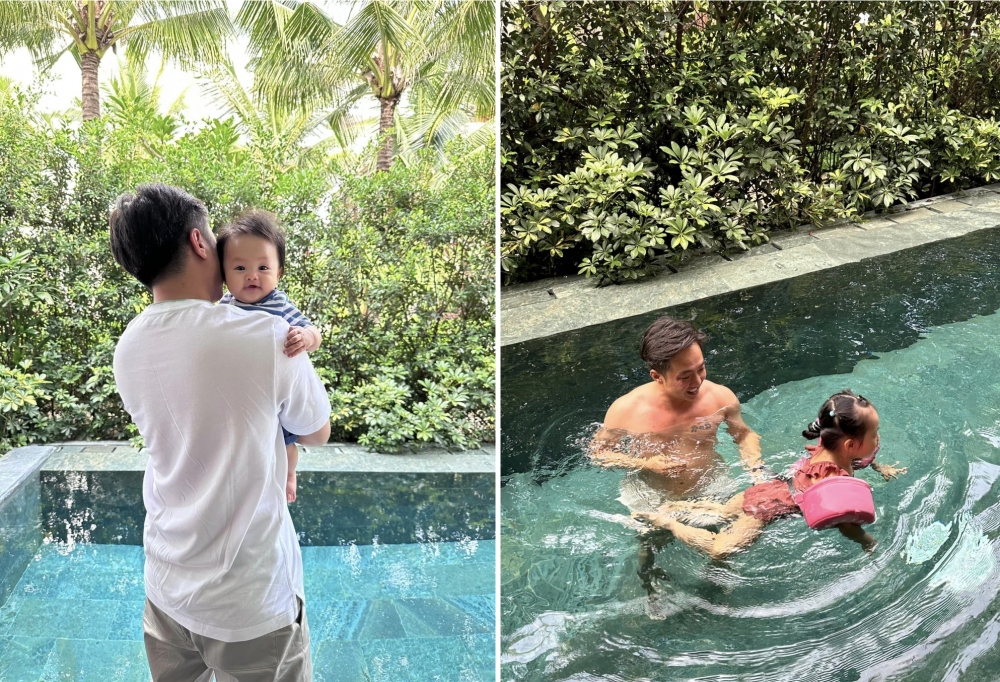 Dù bận rộn với công việc nhưng Cường Đô la vẫn dành thời gian cuối tuần cho các con. Nam doanh nhân khoe loạt ảnh chăm con trai mới sinh và dạy con gái Suchin tập bơi. Những khoảnh khắc bình dị của ông xã Đàm Thu Trang nhận được nhiều lời khen ngợi của khán giả. 