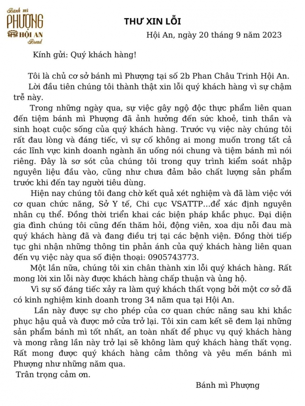 Bức thư xin lỗi của chủ tiệm bánh mì Phượng