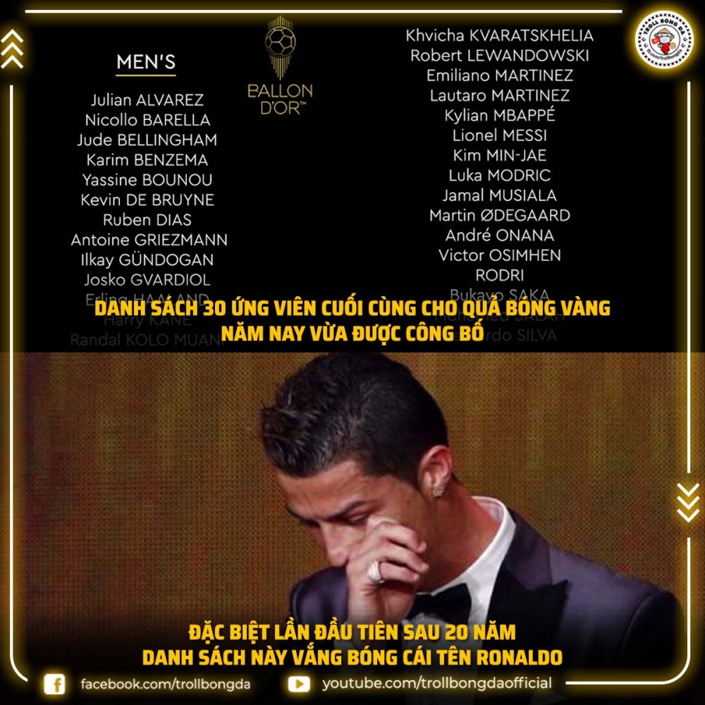 Ronaldo lần đầu không được đề cử Quả bóng Vàng sau 20 năm. (Ảnh: Troll Bóng đá). 