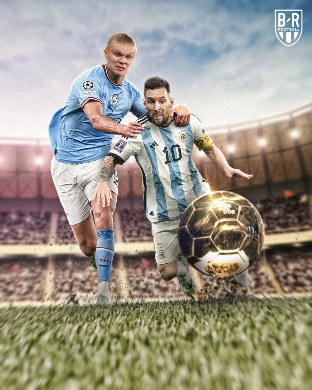 Haaland cạnh tranh quyết liệt với Messi cho danh hiệu Quả bóng Vàng 2023. (Ảnh: Bleacher Report). 