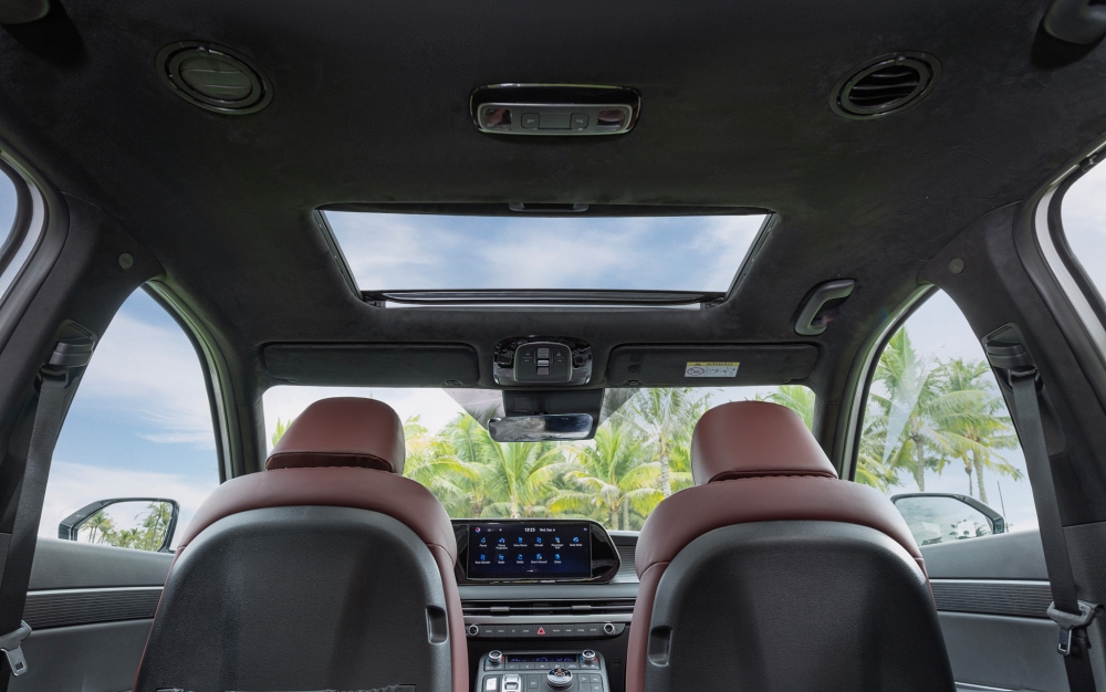 Một số tính năng khác trên Hyundai Palisade bao gồm màn hình HUD, phanh điện tử, rèm che nắng hàng ghế sau, cửa gió điều hòa và cổng sạc, cốp mở điện, kính chiếu hậu chống chói điện tử ECM, cửa sổ trời toàn cảnh, trần xe bọc da lộn,...
