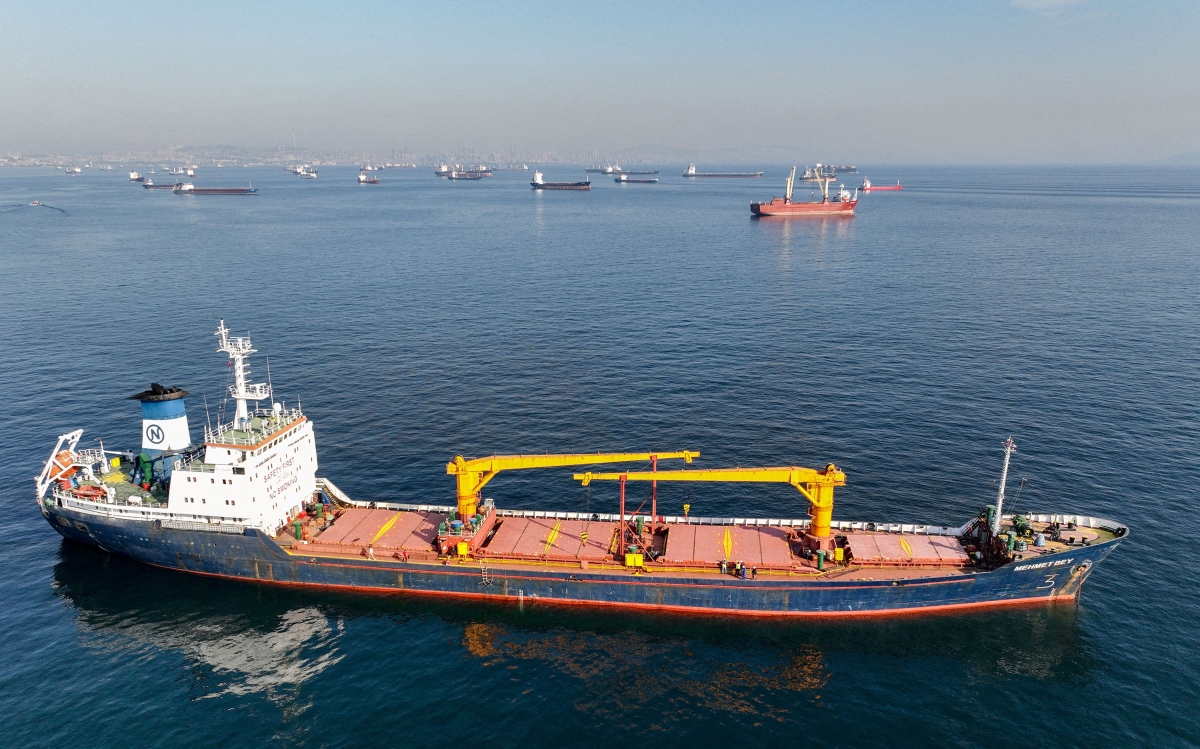 Tàu chở hàng chờ đi qua eo biển Bosphorus ở Istanbul ngày 31/10/2022 (Ảnh: Reuters)