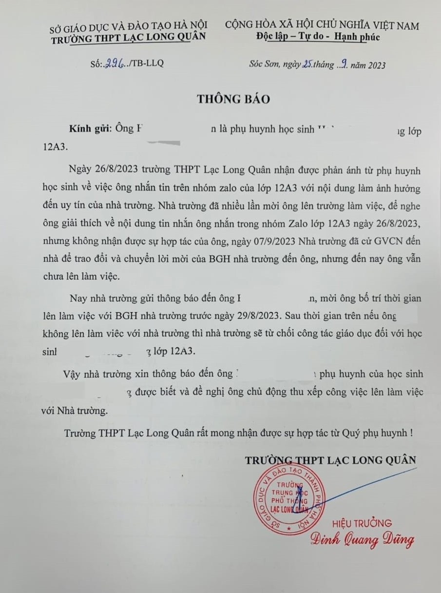 Thông báo của Trường THPT Lạc Long Quân. (Ảnh: KT)