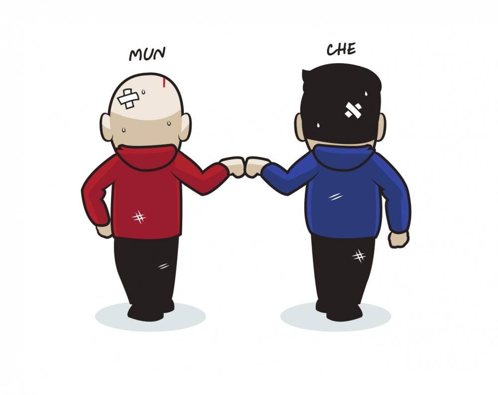 "Đôi bạn thân" MU và Chelsea. (Ảnh: Just Toon It)