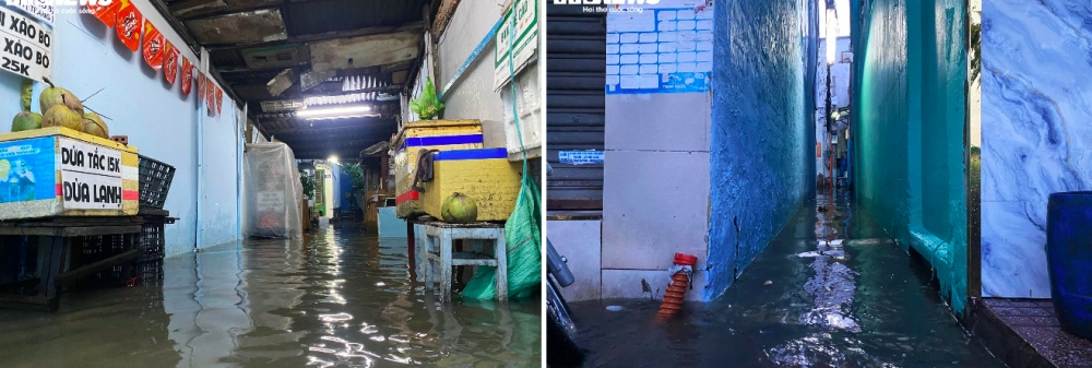 Nước ngập lênh láng trong những con hẻm dọc tuyến đường Trần Xuân Soạn.