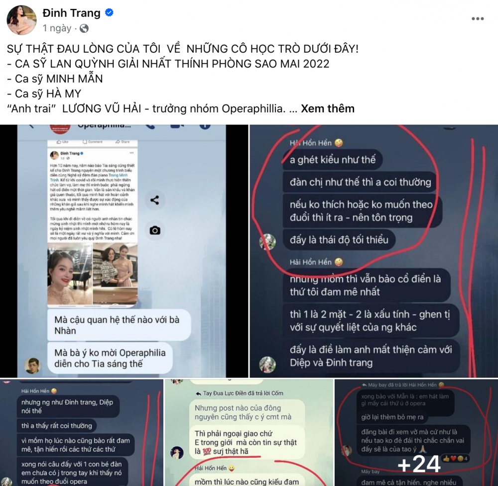 Ca sĩ Đinh Trang đau đớn tung bằng chứng "tố" 3 học trò cũ dùng lời lẽ miệt thị, vô ơn, chê khinh cô  