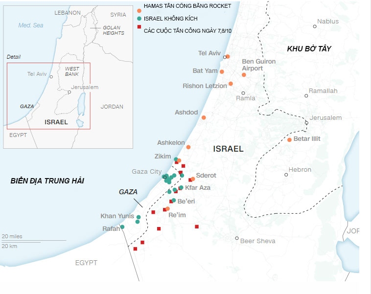 Sơ đồ các cuộc không kích của Israel và đáp trả của Hamas