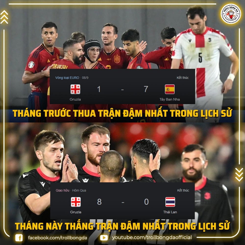 ĐT Georgia trải qua 2 cung bậc cảm xúc khác nhau trong 1 tháng (Ảnh: Troll Bóng Đá)
