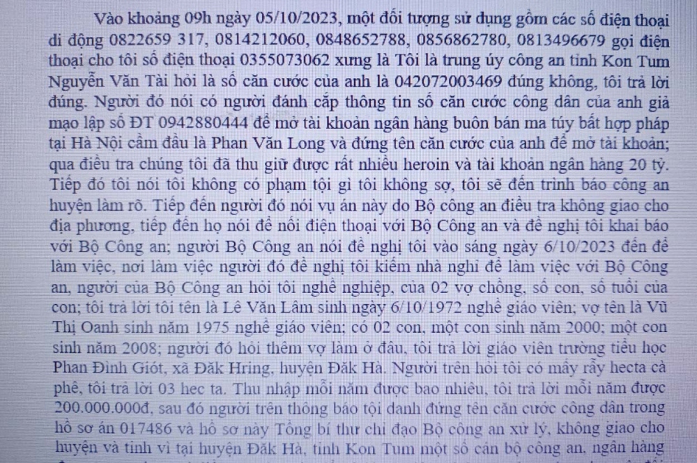 Một đoạn đơn trình báo sự việc của thầy giáo Lê Văn Lâm