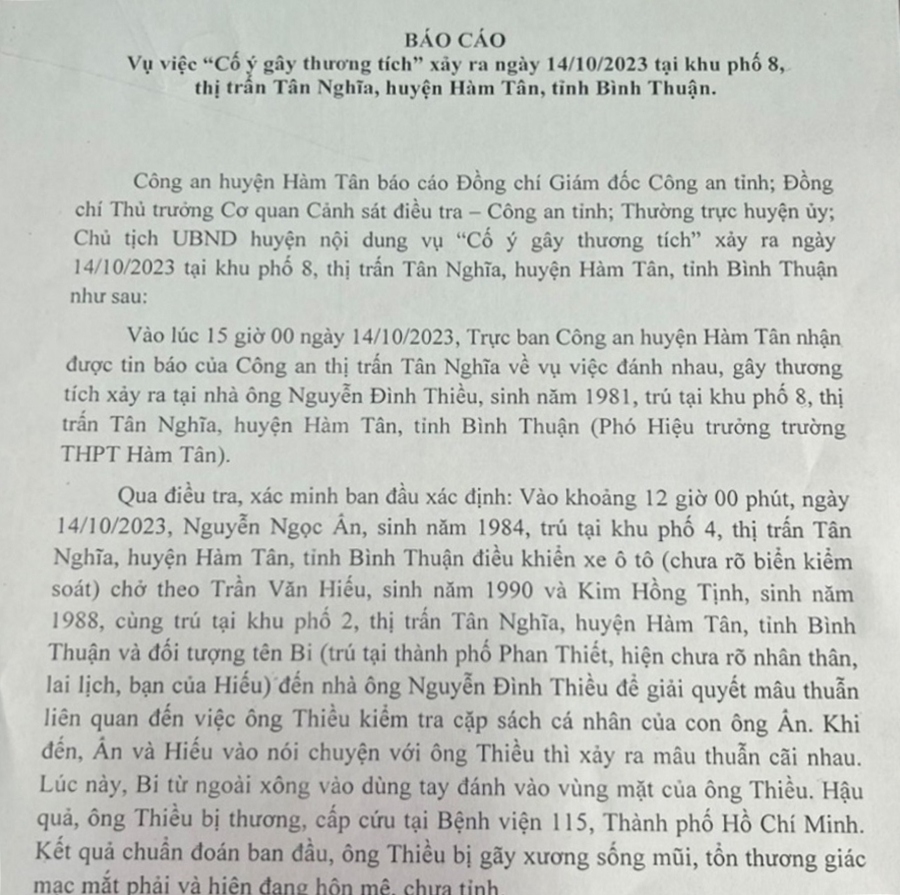 Báo cáo của Công an huyện Hàm Tâm (Ảnh: B.H)