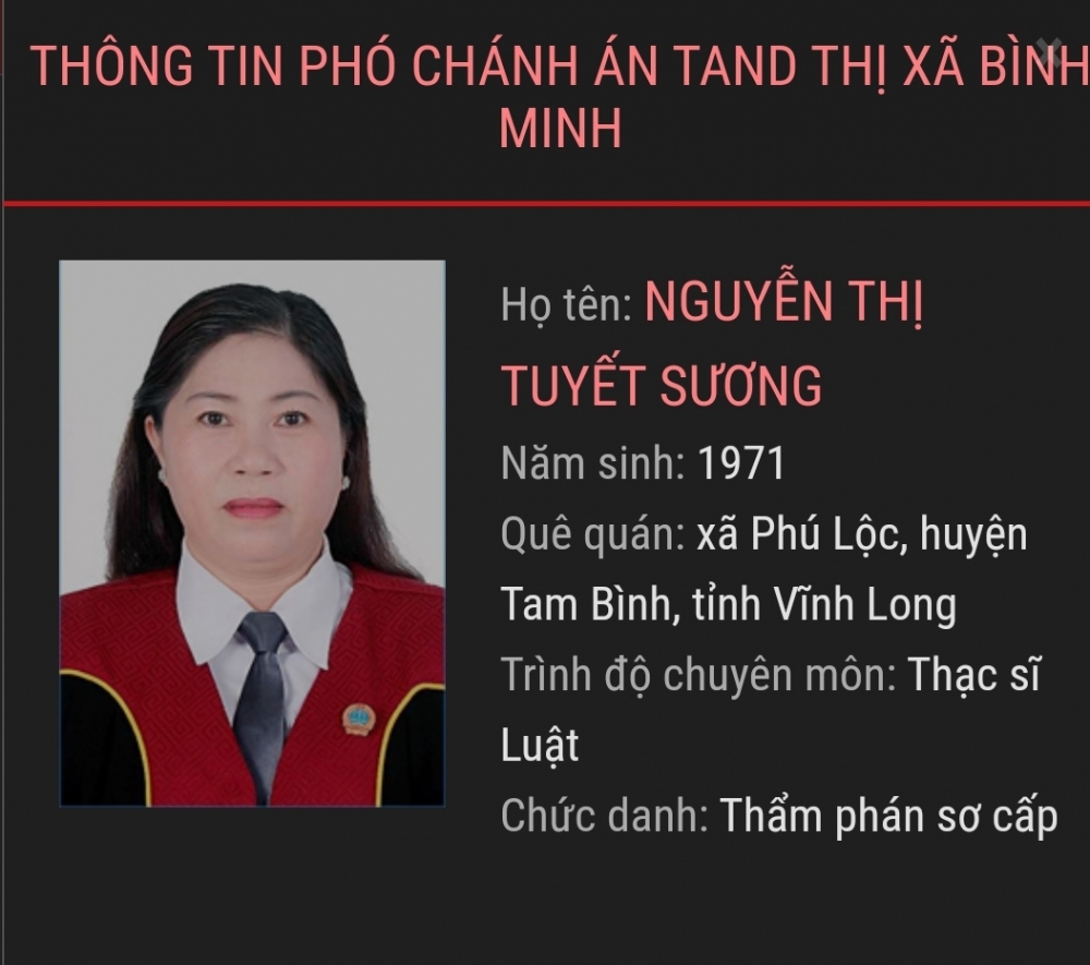 Bà Nguyễn Thị Tuyết Sương, Phó chánh án TAND TX.Bình Minh (Cổng thông tin điện tử TAND tỉnh Vĩnh Long)