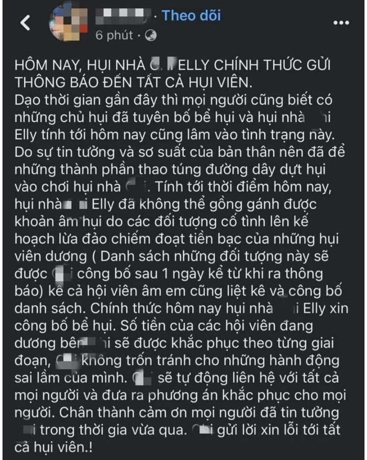 Một chủ hụi khác ở TP Phan Thiết cũng thông báo vỡ hụi trên MXH.