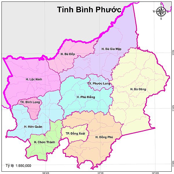 Bản đồ Bình Phước với 11 đơn vị cấp huyện (ảnh MXH).