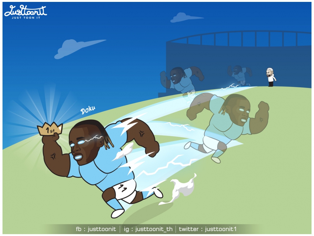 Doku rực sáng với 4 kiến tạo và 1 bàn thắng giúp Man City thắng Bournemouth 6-1. (Ảnh: Just Toon It)