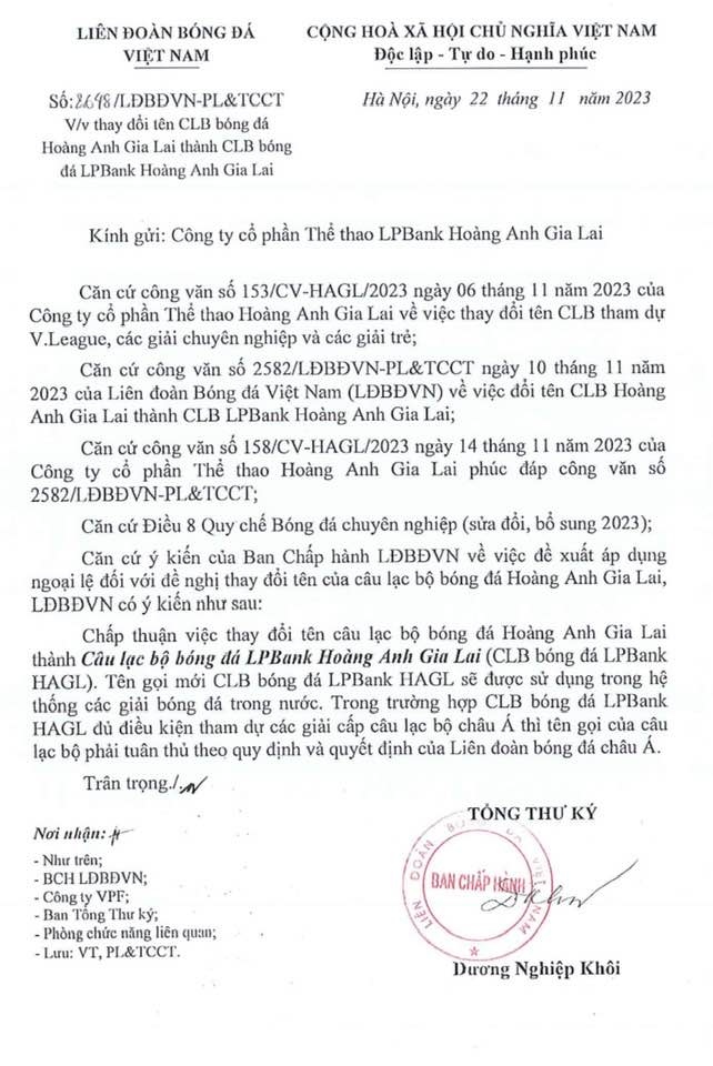 Văn bản VFF gửi tới HAGL về việc chấp thuận đổi tên