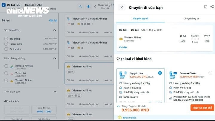 Giá vé khứ hồi chặng Hà Nội - Đà Lạt của Vietnam Airlines gần 10 triệu đồng