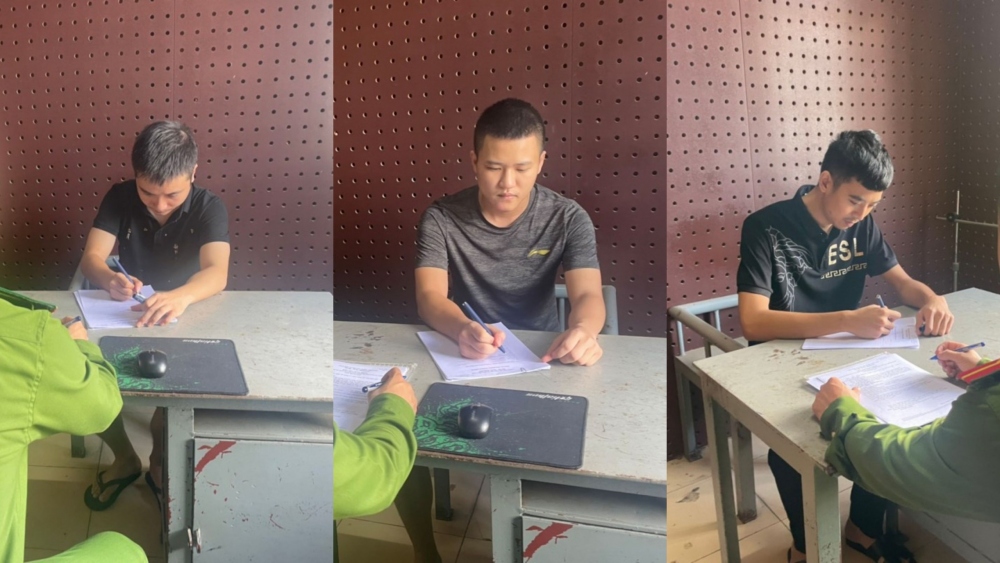 Từ bên trái sang: Cao Vũ Trọng, Nguyễn Đức Long, Thái Minh Khoa tại cơ quan Công an