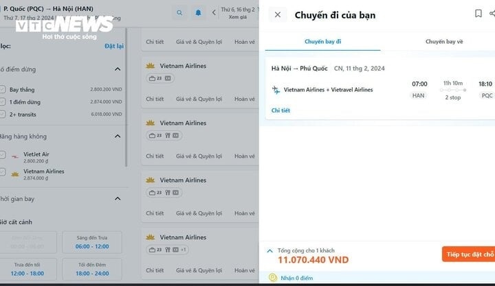 Giá vé máy bay khứ hồi chặng Hà Nội - Phú Quốc của hãng hàng không Vietnam Airlines trên hệ thống bán vé trực tuyến sáng 1/11 lên đến hơn 11 triệu đồng