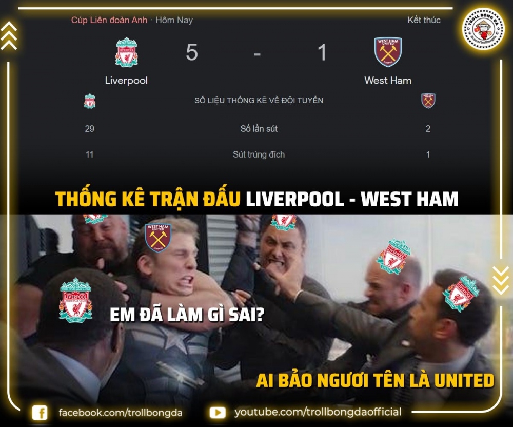 Liverpool ''trút giận'' lên West Ham. (Ảnh: Troll Bóng đá). 