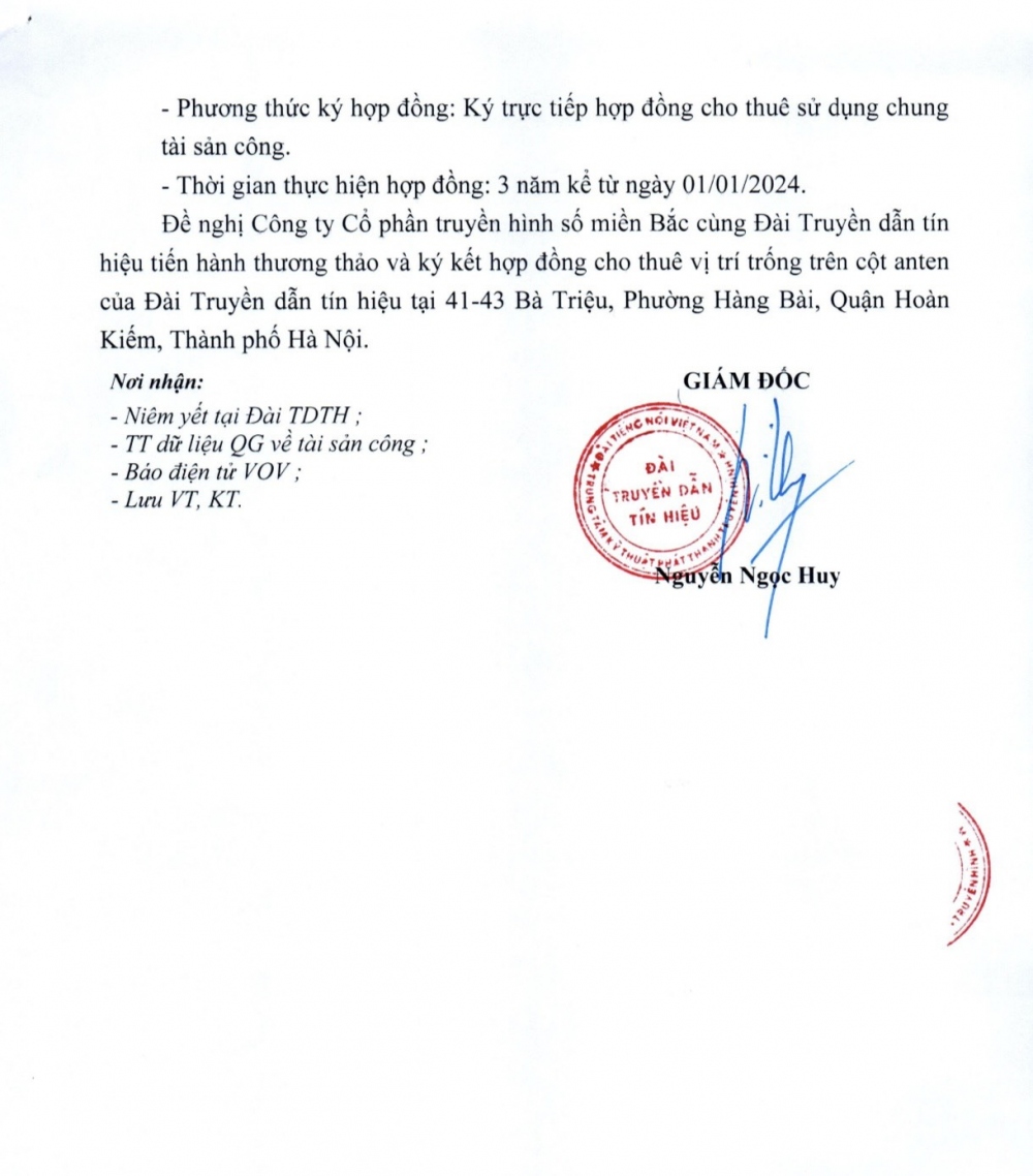 Đài Truyền dẫn tín hiệu thông báo kết quả lựa chọn đơn vị thuê sử dụng chung tài sản công