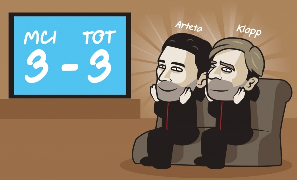 HLV Klopp và HLV Arteta cổ vũ nhiệt tình cho Tottenham.