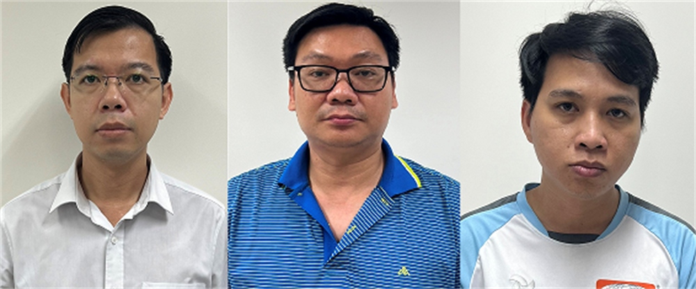 Các bị can (từ trái qua phải): Nguyễn Trung Quân; Trần Thiện Chương; Tạ Ngọc Huân