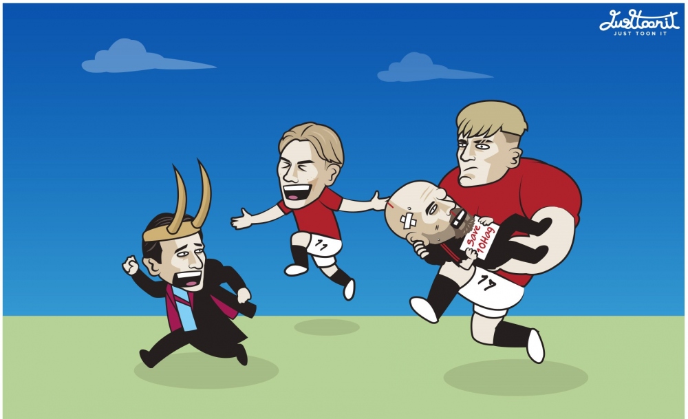 HLV Erik Ten Hag được trò cưng Garnacho và Hojlund giải cứu (Ảnh: Just Toon It)