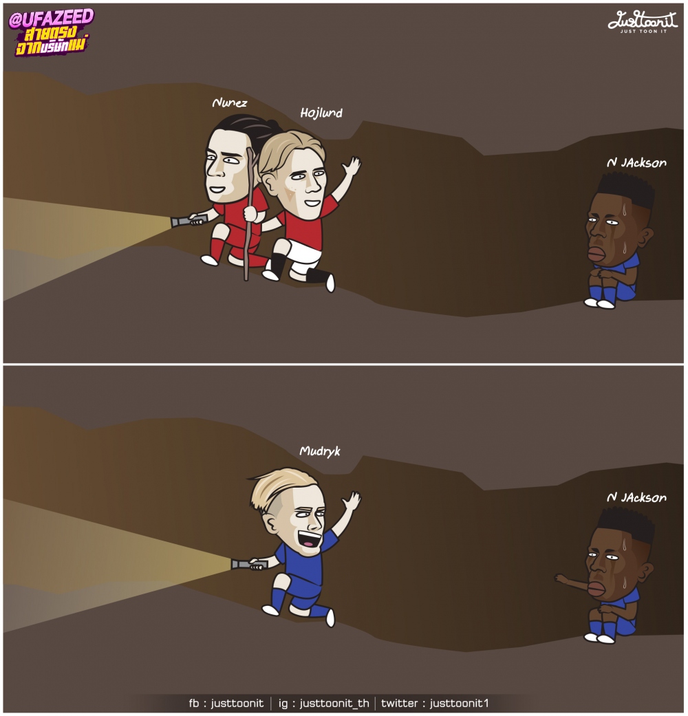 Nunez, Hojlund và Mudryk "bỏ rơi" Jackson (Ảnh: Just Toon It)