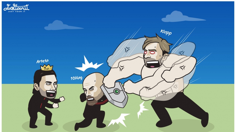 HLV Arteta ''hào hứng'' khi Liverpool bị MU cầm hòa. (Ảnh: Just Toonit). 