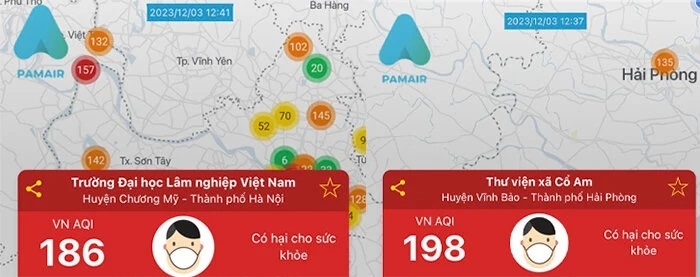 Những địa điểm có chỉ số ô nhiễm không khí ở mức cao lúc trưa 3/12, theo ứng dụng PAM Air.