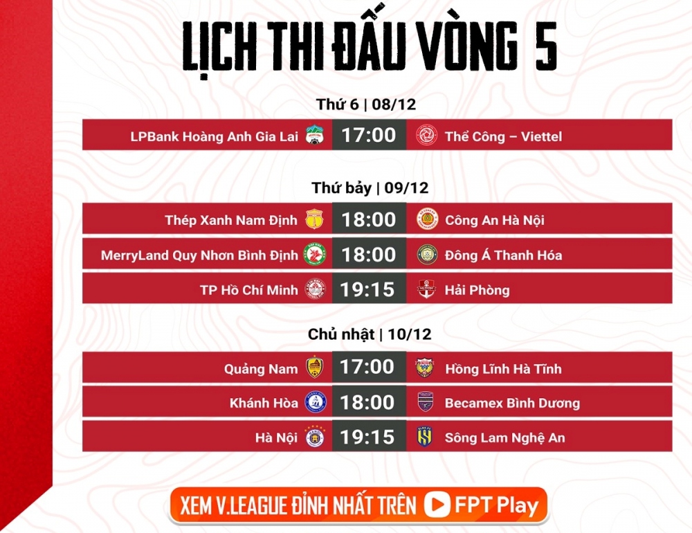 Lịch thi đấu vòng 5 V-League 2023/2024.