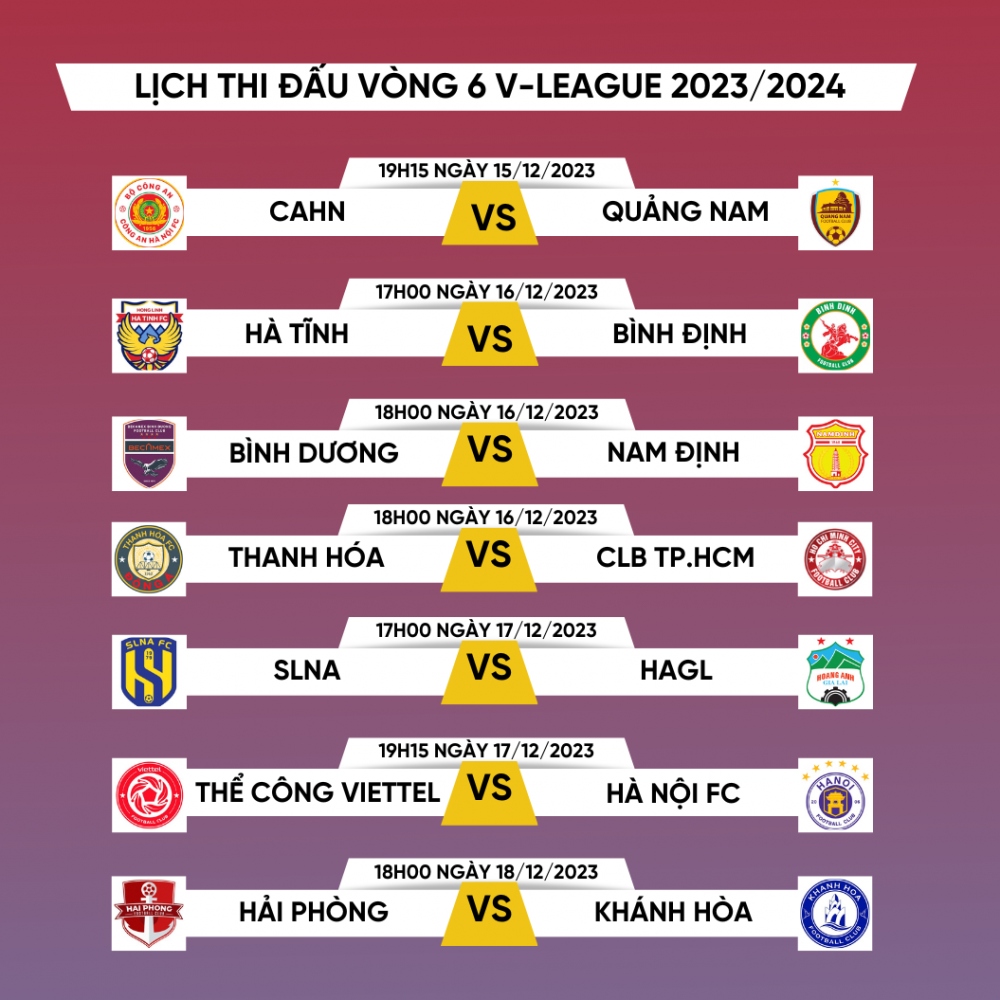 Lịch thi đấu vòng 6 V-League 2023/2024.