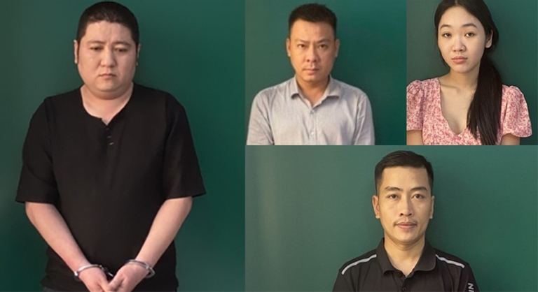 Nhóm các đối tượng bị bắt giữ, trong đó có Ngô Minh Hải là chủ nhà hàng Pha Lê (ảnh lớn, bên trái)