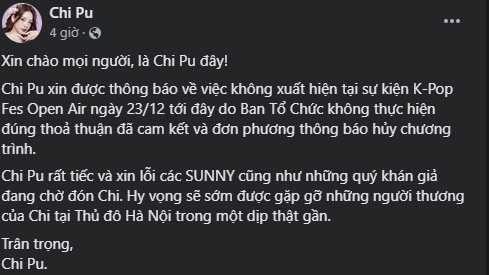Nữ ca sĩ Chi Pu chia sẻ trên trang cá nhân.
