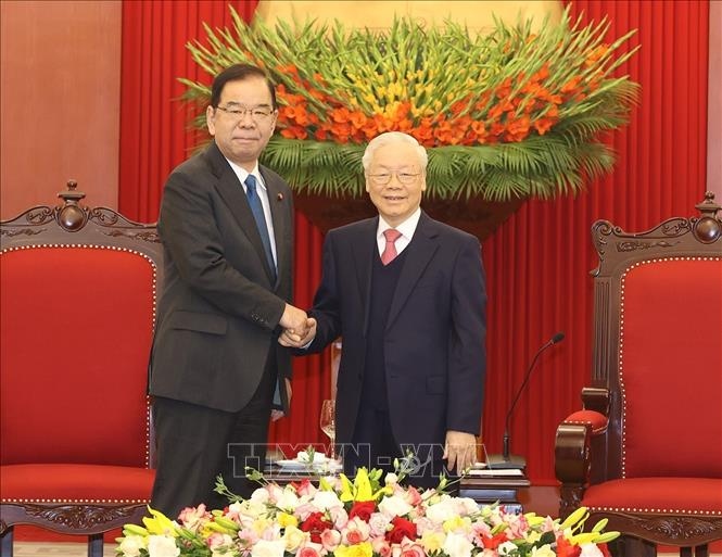 Tổng Bí thư Nguyễn Phú Trọng tiếp Chủ tịch Đoàn Chủ tịch Ban Chấp hành Trung ương Đảng Cộng sản Nhật Bản (Ảnh: TTXVN)