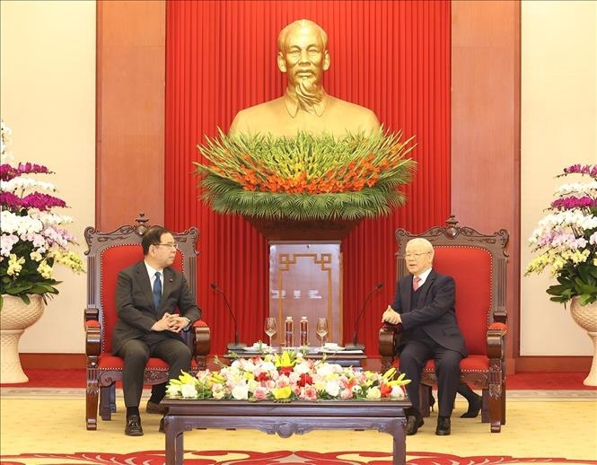 Tổng Bí thư Nguyễn Phú Trọng tiếp đồng chí Shii Kazuo, Chủ tịch Đoàn Chủ tịch Ban Chấp hành Trung ương Đảng Cộng sản Nhật Bản sang thăm và làm việc tại Việt Nam (Ảnh: TTXVN)