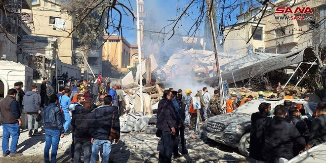 Hiện trường vụ tấn công tên lửa do Israel thực hiện nhằm vào thủ đô Damascus của Syria. Ảnh: SANA