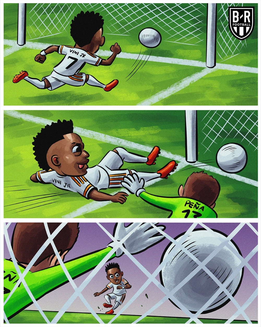 Cú hat-trick của Vinicius vào lưới Barca. (Ảnh: Bleacher Reports)